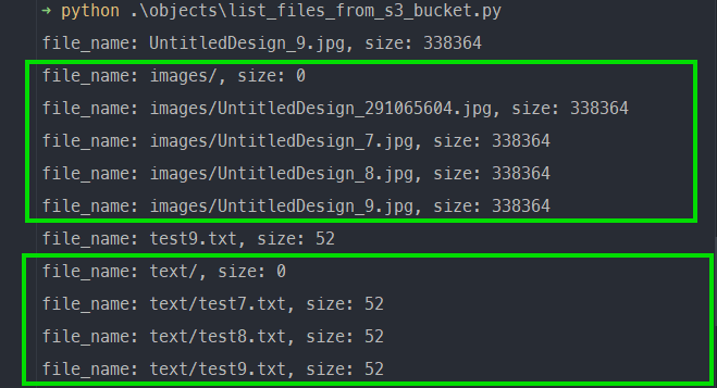 List S3 files output